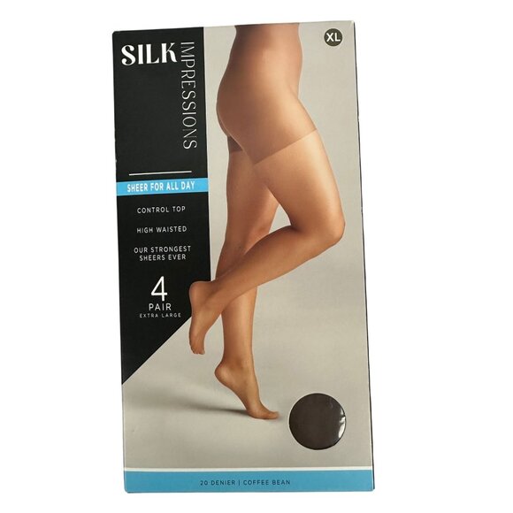 Silk Impressions Control Top Sheer Pantyhose XL Coffee Bean 4 Pairs 20 Denier - Picture 1 of 11